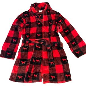 Victoria's Secret PINK Buffalo Plaid Dog Logo Plush Bath Robe Womens XS/S